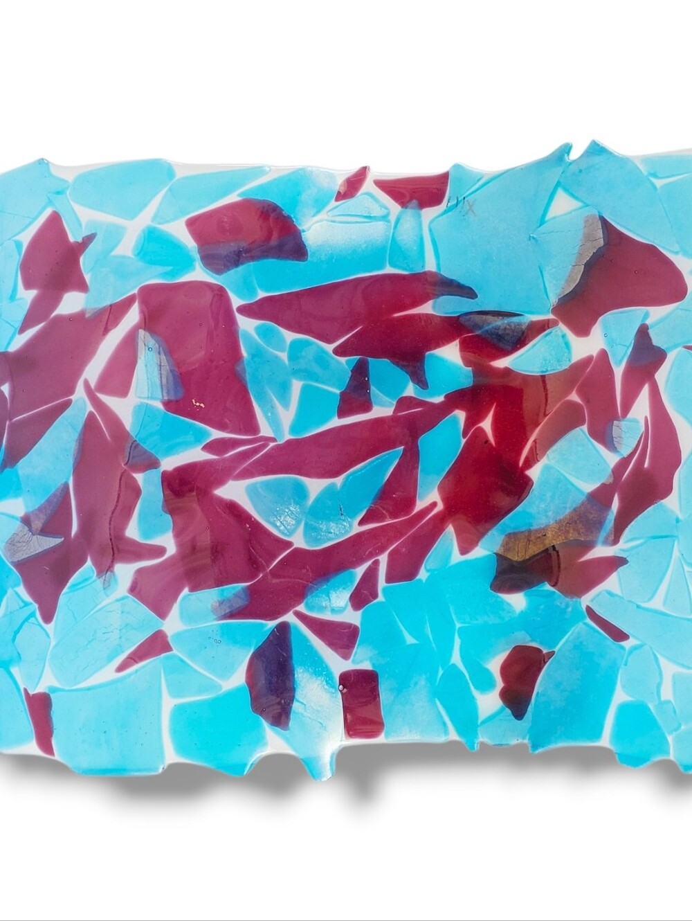 Handmade Fused Glass Wave Tray Dish Aqua Blue Burgundy Abstract Art Platter 14"